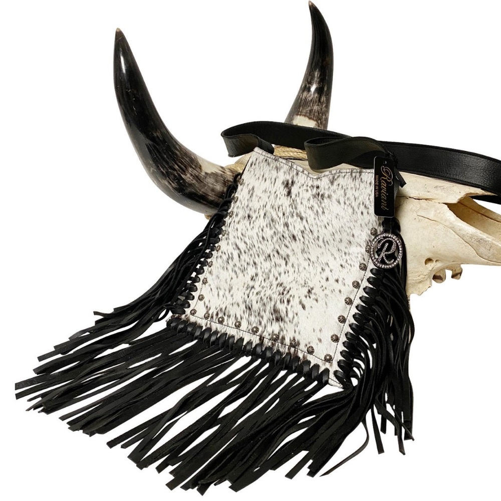 NEW Raviani Salt & Pepper Speckled Genuine Cowhide Fringe Leather Crossbody